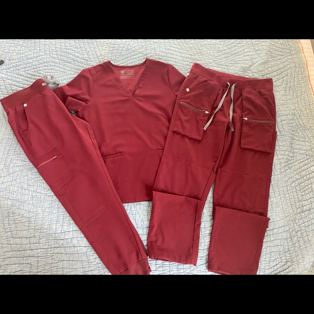 Figs Burgundy Bundle, 2 pants, 1 top